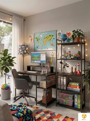 Ayz Vien 2 Raflı Çalışma Masası 5 Raflı Kitaplık Monitör Yükseltici Set Kitaplıklı Ofis Masası Siyah