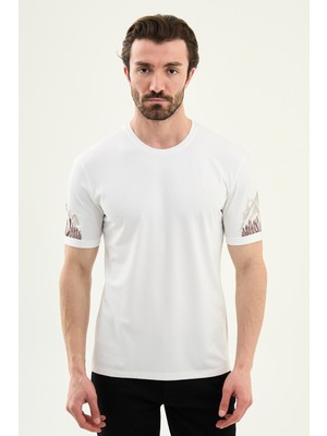 MCR Düz Slim Fit Kolu Nakışlı Bisiklet Yaka Erkek T-Shirt