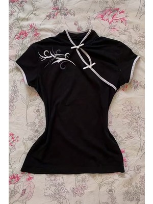 Çin Yakalı Floral Motifli Beyaz Şeritli Vintage Y2K Kısa Kollu Bluz