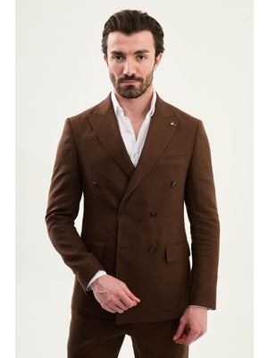 MCR Düz Slim Fit Geniş Yaka Kruvaze Torba Cep %100 Keten Erkek Ceket