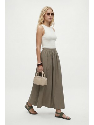 Ritnice Kadın Emilia Astarlı Fermuarlı Beli Büzgülü Haki Dokuma Uzun Etek