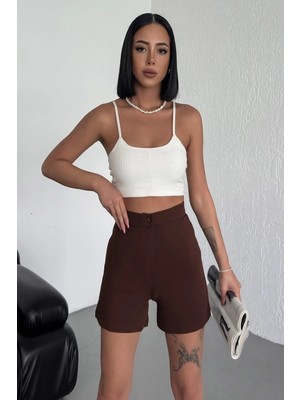 Acstore Tarz Rahatlığı Bir Arada Sunan Yüksek Bel Esnek Likralı Krep Şort Kahverengi