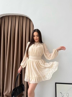 Pileli Store Kadın Yarım Balıkçı Yaka Kolları Transparan Astarlı Full Şifon Elbise