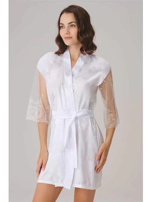 Bamido Çeyizlik Uzun Kol V Yaka Saten Düz Yazlık Mini Dantel Detaylı Sabahlık