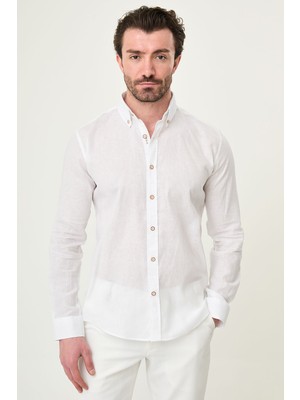 MCR Düz Slim Fit Yakası Düğmeli Keten Erkek Gömlek