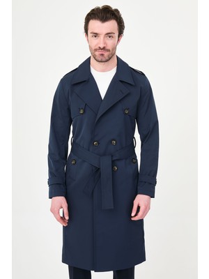 MCR Düz Slim Fit Kuşaklı Kruvaze Uzun Erkek Trenchcoat