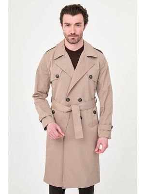 MCR Düz Slim Fit Kuşaklı Kruvaze Uzun Erkek Trenchcoat