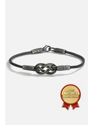 Meks Jewels 925 Ayar Gümüş Kazaz El Işi Siyah Oksitli Sonsuzluk Erkek Bilekliği