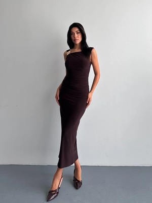 Shopping Shop Tek Omuz Tokalı Uzun Elbise Kahve