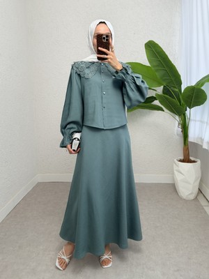 Moda Morfo Bebe Yaka Fistolu Kolu Lastikli Bluz-Kloş Etek Takım -Mint