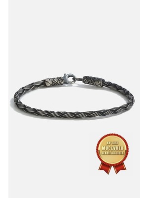 Meks Jewels 925 Ayar Gümüş Kazaz El Işi Siyah Oksitli Üçlü Örgü Erkek Bileklik