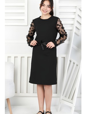 Modanino Kız Çocuk Kolları Tüllü ve Yonca+ Taş Süslemeli Elbise 9-15 Yaş 12565