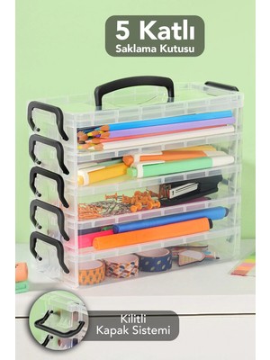 Meleni Home 5 Katlı Organizer Saklama Kutusu - Kilitli Kapak Şeffaf Çok Amaçlı Masaüstü Düzenleyici Kutu