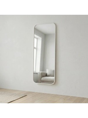 Aypars Atölye Modern Yuvarlatılmış Köşeli Boy Aynası 40X120 cm – Minimalist Ince Beyaz Çerçeveli Dekoratif Duvar Aynası