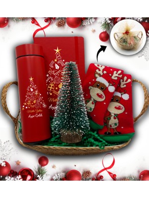 As Gift Hasır Sepetli Kişiye Özel Kırmızı Termos & Kırmızı Defter & Çam Ağacı & Yılbaşı Çorabı Hediye Seti