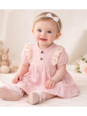Jolly Joy Fistolu Kız Müslin Elbise  - Pembe - 9 - 12 Ay Pembe
