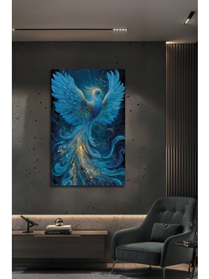 BG Design Turkuaz Zümrüdü Anka Kuşu Cam Tablo Mavi Gold Modern Dekoratif Lüks Salon Ofis Tablosu Temperli Cam