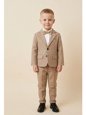 Terry Erkek Çocuk Keten Ceket, Pantolon ve Gömlek, Papyon 4lü Takım