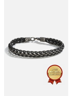 Meks Jewels 925 Ayar Gümüş Kazaz El Işi Siyah Oksitli Balık Sırtı Erkek Bileklik
