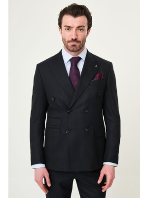 MCR Çizgili Slim Fit Geniş Yaka Kruvaze Erkek Takım Elbise