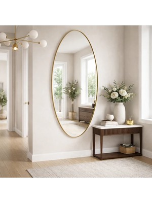 Aypars Atölye Modern Oval Boy Aynası 40X120 cm – Ince Altın Çerçeveli Minimalist Dekoratif Duvar Aynası