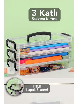 Meleni Home 3 Katlı Organizer Saklama Kutusu - Kilitli Kapak Şeffaf Çok Amaçlı Masaüstü Düzenleyici Kutu