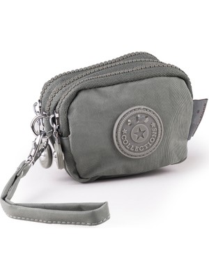 İmaks Mini Boy Krinkıl / Klinkır Kumaş 3 Fermuar Bileklik Askı Bozuk Para Cüzdan Makyaj Çanta Gri 1415A