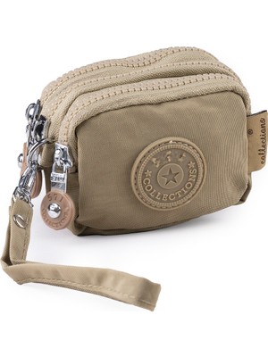 İmaks Mini Boy Krinkıl / Klinkır Kumaş 3 Fermuar Bileklik Askı Bozuk Para Cüzdan Makyaj Çanta Camel 1415A