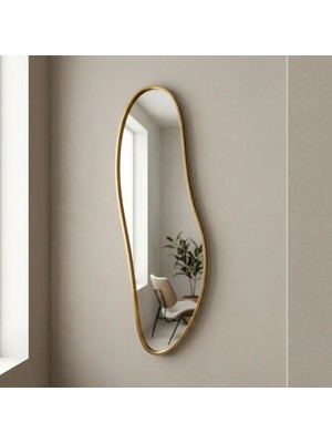 Aypars Atölye Modern Organik Form Banyo Aynası 40X120 cm – Asimetrik Minimalist Altın Çerçeveli Dekoratif Duvar Aynası