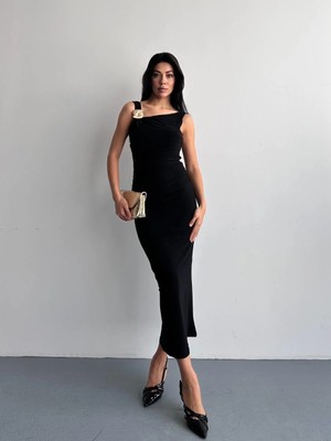 Shopping Shop Tek Omuz Tokalı Uzun Elbise SIYAH