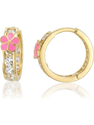 Lilarote Pembe Yoncalı Taşlı Çocuk Altın Küpe