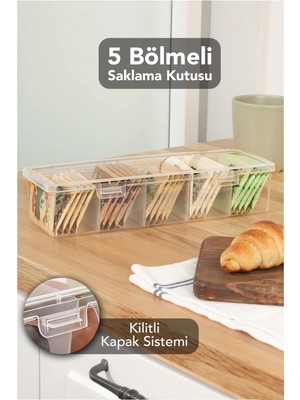 Meleni Home 5 Bölmeli Şeffaf Saklama Kutusu - Mutfak Banyo Organizer Düzenleyici Çok Amaçlı Kutu
