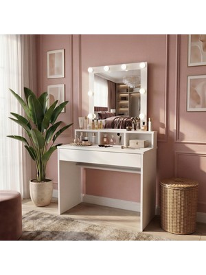Musvenus Luna Aynalı Makyaj Masası / Hollywood Işıklı, Çekmeceli, Raflı Kulis Masası / Yatak Odası Makyaj Masası