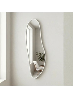 Aypars Atölye Modern Organik Form Banyo Aynası 40X120 cm – Asimetrik Minimalist Beyaz Çerçeveli Dekoratif Duvar Aynası