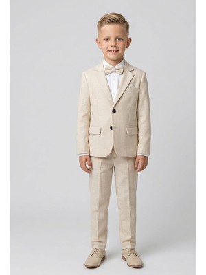 Terry Erkek Çocuk Keten Ceket, Pantolon ve Gömlek, Papyon 4lü Takım