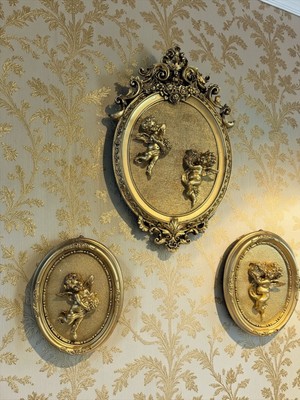 Peramari Dekoratif Polyester Üçlü Duvara Asmalı Melek Tablo Gold Eskitme