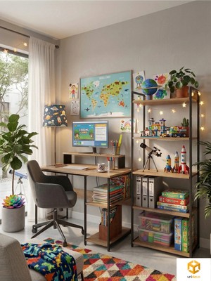 Ayz Vien 2 Raflı Çalışma Masası 5 Raflı Kitaplık Monitör Yükseltici Set Kitaplıklı Ofis Masası Siyah Çam