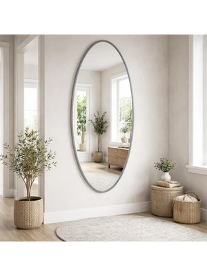 Aypars Atölye Modern Oval Boy Aynası 40X120 cm – Ince Gri Çerçeveli Minimalist Dekoratif Duvar Aynası