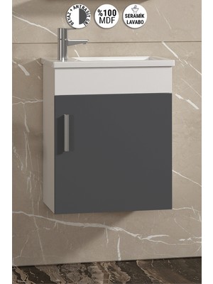 Özceden Lale 42X24 cm Beyaz-Antrasit Gri Mat Mdf Seramik Lavabolu Asma Banyo Alt Dolabı