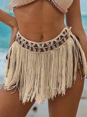 Allsisii Bikini Üstü Deniz Kabuklu Püsküllü Pareo,beachwear,bikini Üstü El Emeği Plaj Eteği,bohem Etek