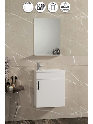 Özceden Lale 42X24 cm Beyaz Mdf Seramik Lavabolu Asma Banyo Dolabı Takımı