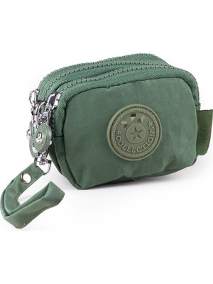 İmaks Mini Boy Krinkıl / Klinkır Kumaş 3 Fermuar Bileklik Askı Bozuk Para Cüzdan Makyaj Çanta Yeşil 1415A