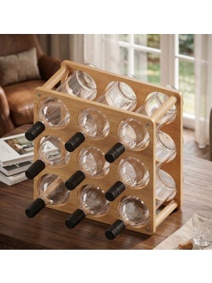 Aybi Dekor Tezgah ve Masa Üstü Ahşap Şaraplık Standı / Şişe Standı Açık Meşe Mdflam 9 Gözlü