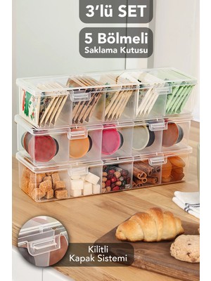 Meleni Home 3'lü 5 Bölmeli Şeffaf Saklama Kutusu - Mutfak Banyo Organizer Düzenleyici Çok Amaçlı Kutu