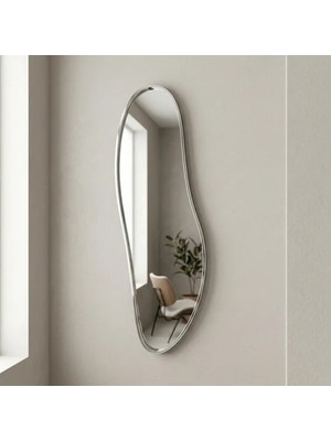 Aypars Atölye Modern Organik Form Banyo Aynası 40X120 cm – Asimetrik Minimalist Gümüş Çerçeveli Dekoratif Duvar Aynası