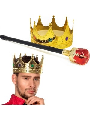MiraLive Altın Renk 60 cm Kral Tacı Kraliyet Tacı ve Kırmızı Topuzlu Kral Asası Seti