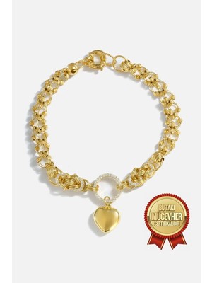 Meks Jewels Mikron Altın Kaplama Kalpli Dorika Gümüş Bileklik