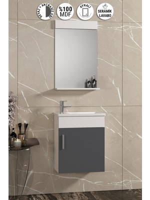 Özceden Lale 42X24 cm Beyaz-Antrasit Gri Mat Mdf Seramik Lavabolu Asma Banyo Dolabı Takımı