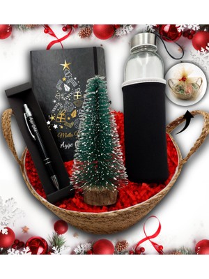 As Gift Hasır Sepetli Su Matarası & Çam Ağacı & Kişiye Özel Siyah Defter & Kalem Hediye Seti