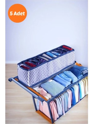 Magic Lady 5 Adet 11 Bölmeli Small Puantiyeli Mavi Beyaz Çekmece ve Dolap İçi Akordiyon Organizer